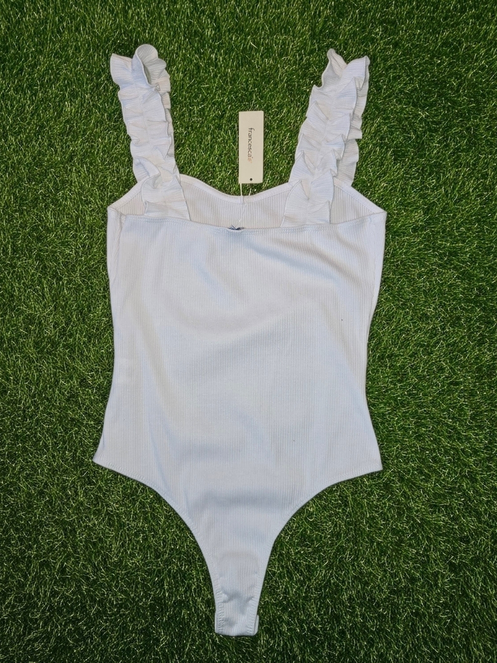 NWT Francesca's Blue Rain White Ribbed Bodysuit w/ Ruffle Strap Detail - Size M - Picture 4 of 6